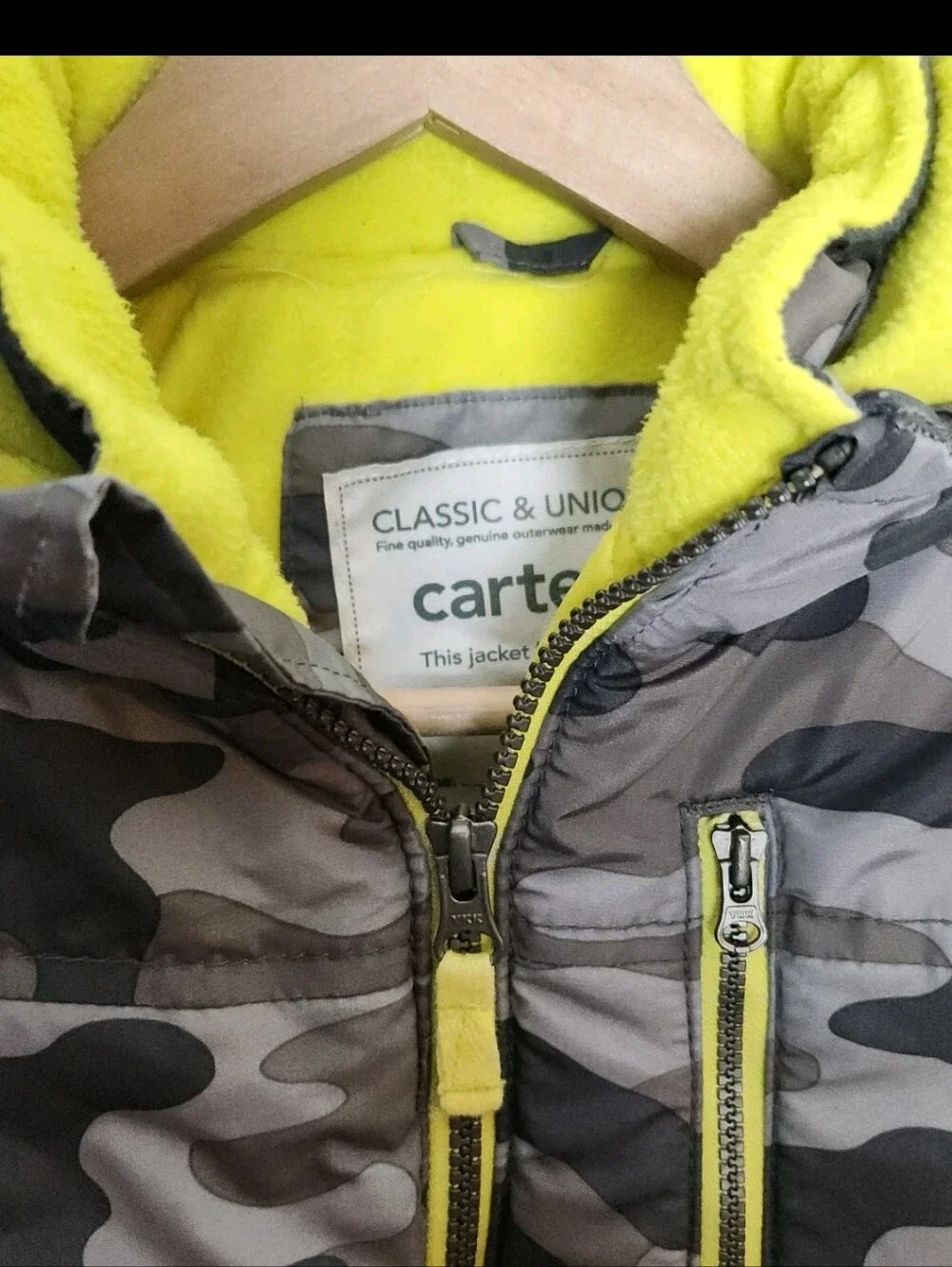 Carter's Gray Camo Hoodie Puffer Jacket with Yellow Trim 4t
